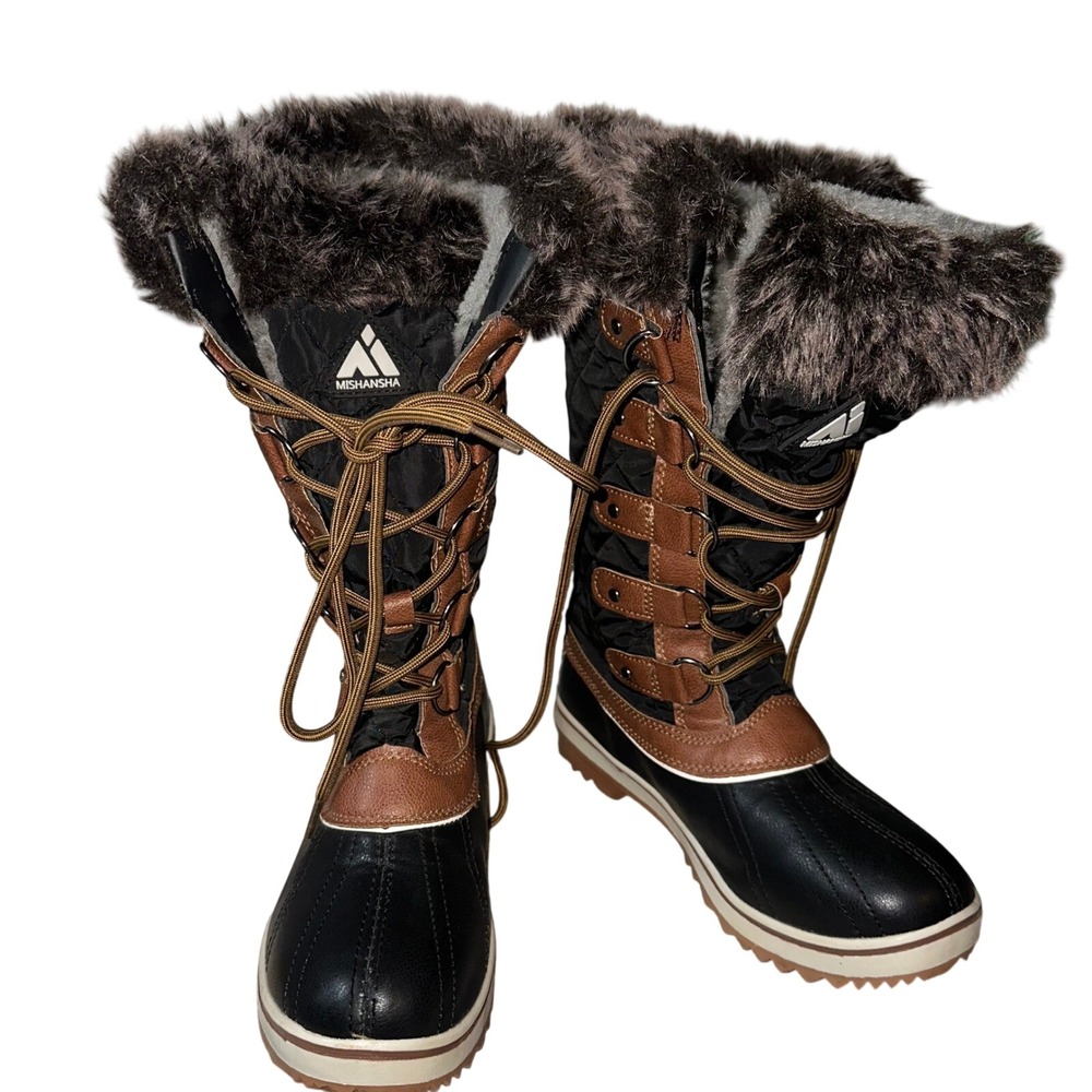 Mishansha Women Winter‎ Snow Boots Fur Lined Lace Up Waterproof Black Tan Sz 6.5